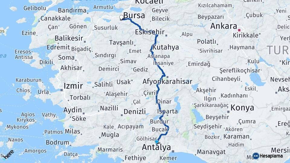 Antalya Korkuteli Bursa Arası Kaç Km - Yol Haritası