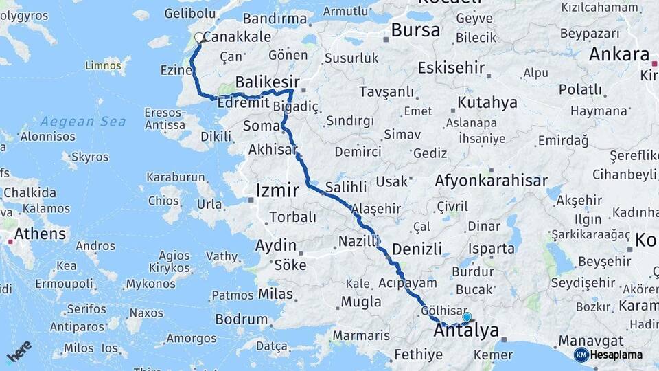 Antalya Korkuteli Çanakkale Arası Kaç Km - Yol Haritası