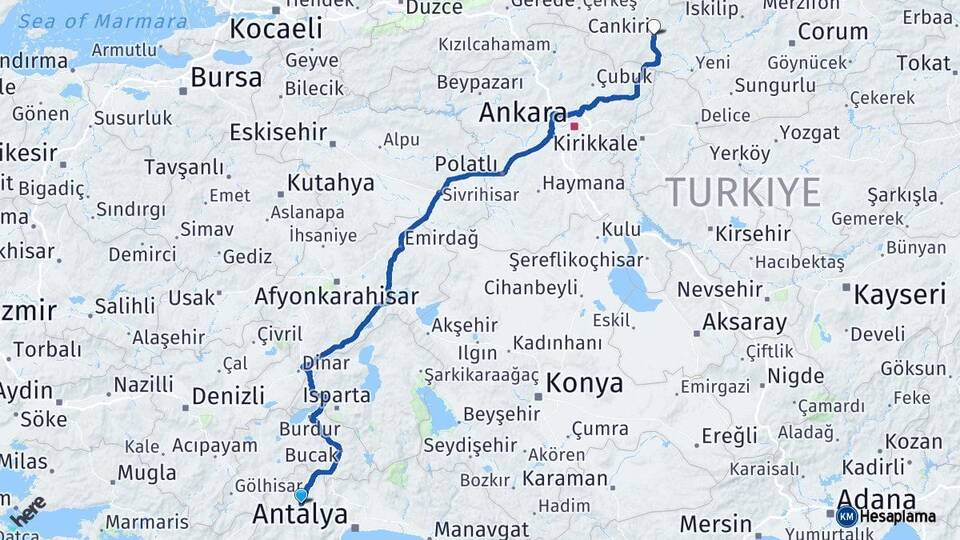 Antalya Korkuteli Çankırı Arası Kaç Km - Yol Haritası