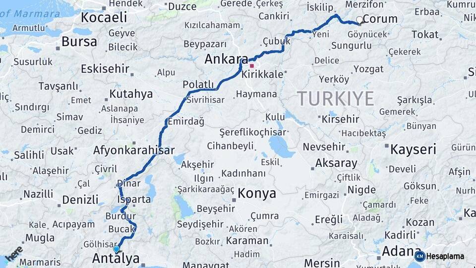 Antalya Korkuteli Çorum Arası Kaç Km - Yol Haritası