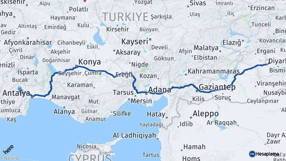 Antalya Korkuteli Diyarbakır Arası Kaç Km - Yol Haritası