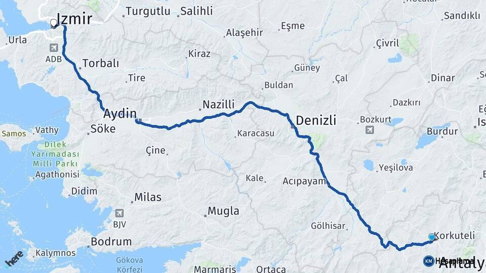 Antalya Korkuteli İzmir Arası Kaç Km - Yol Haritası