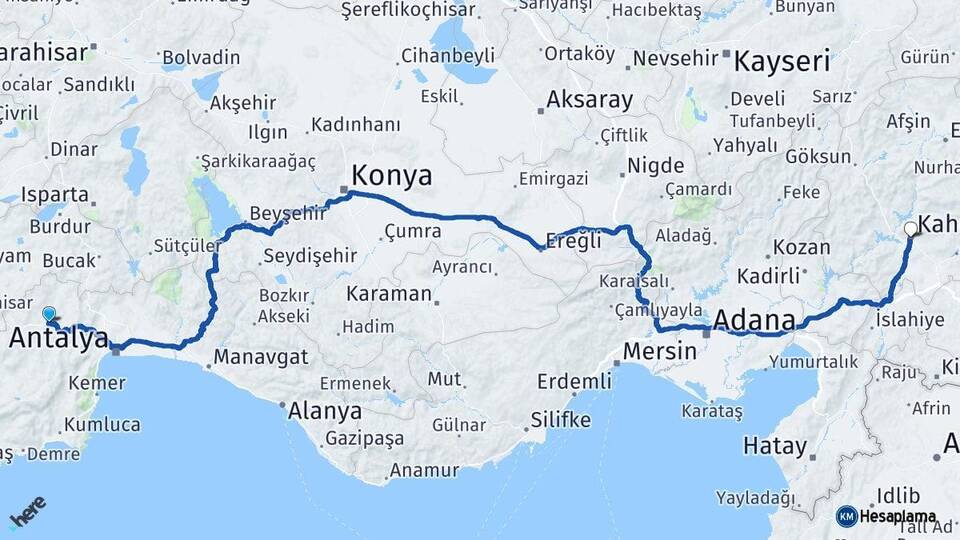 Antalya Korkuteli Kahramanmaraş Arası Kaç Km - Yol Haritası