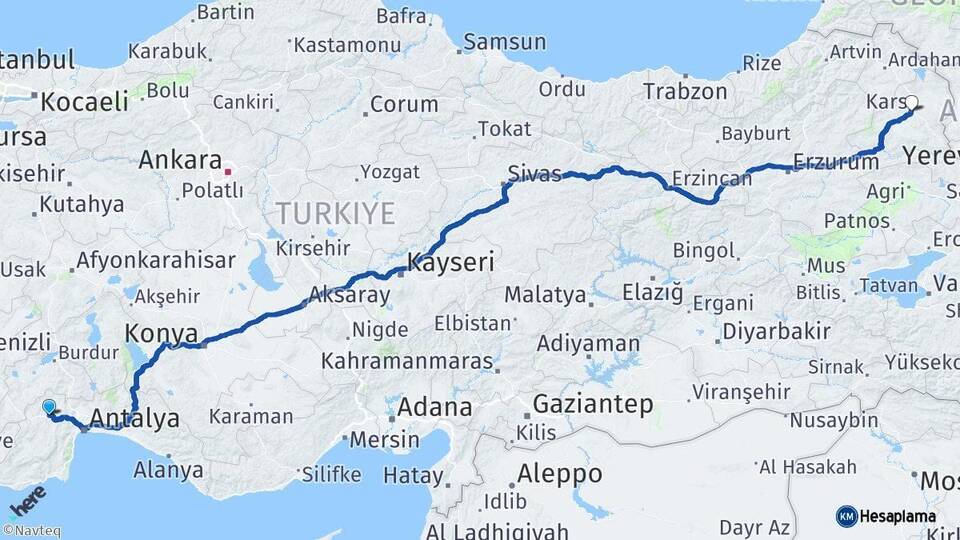 Antalya Korkuteli Kars Arası Kaç Km - Yol Haritası