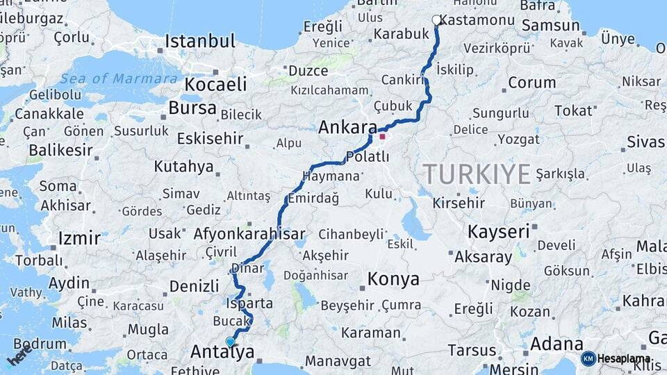Antalya Korkuteli Kastamonu Arası Kaç Km - Yol Haritası