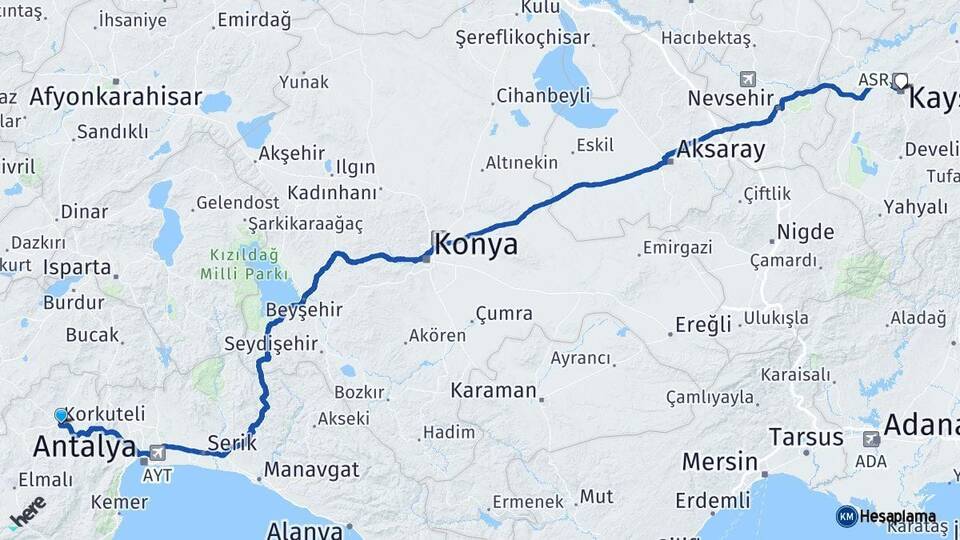 Antalya Korkuteli Kayseri Arası Kaç Km - Yol Haritası