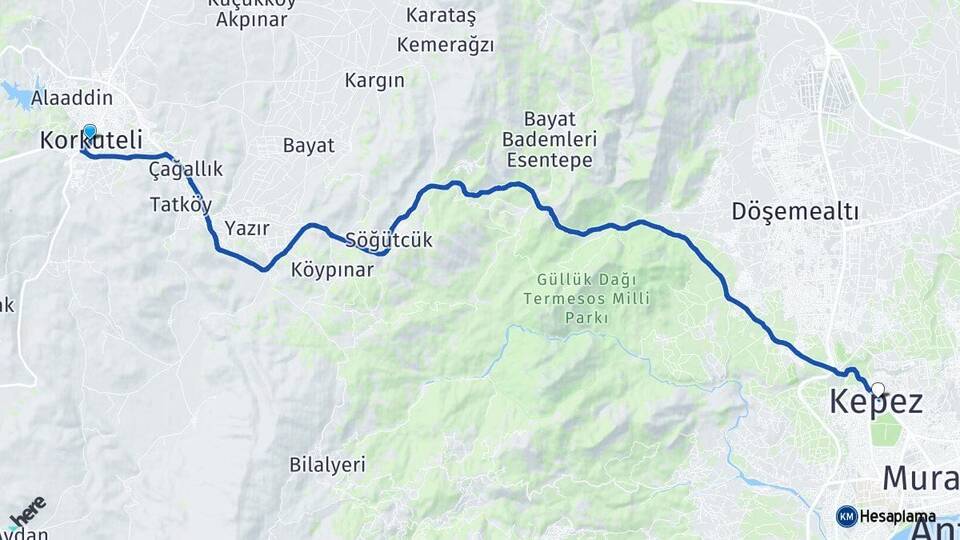 Antalya Korkuteli Kepez Arası Kaç Km - Yol Haritası