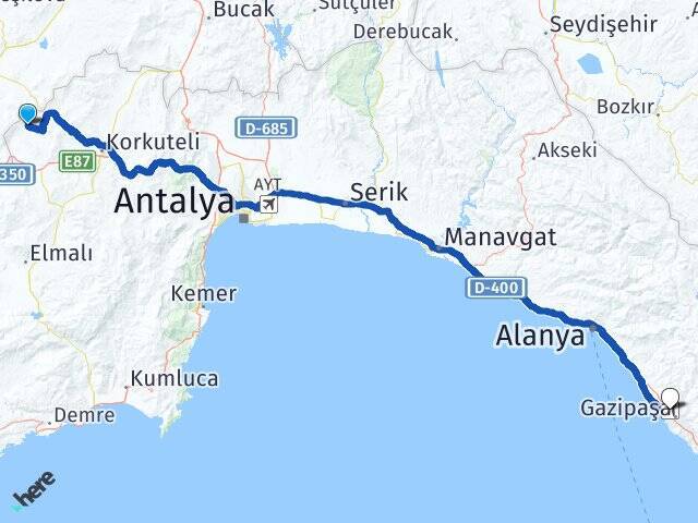 Kırkpınar Gazipaşa Alanya Havalimanı Arası Kaç Km - Yol Tarifi
