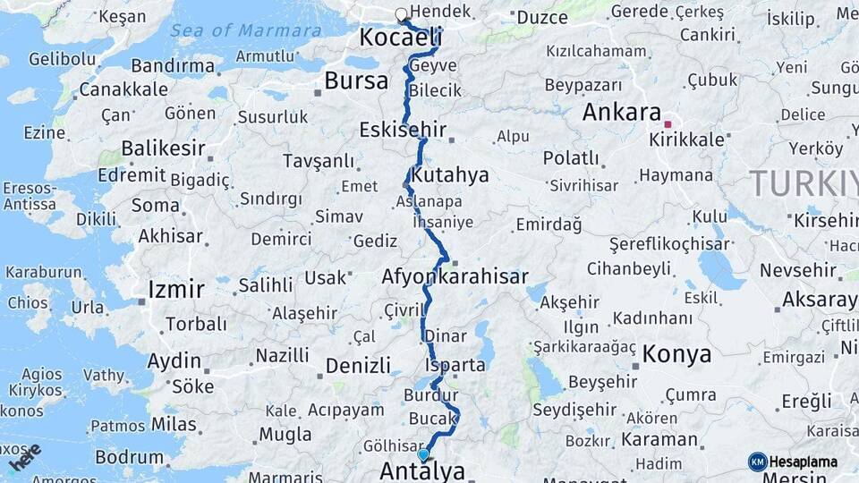 Antalya Korkuteli Kocaeli Arası Kaç Km - Yol Haritası