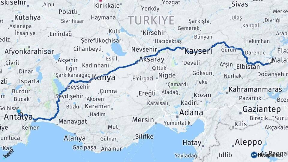 Antalya Korkuteli Malatya Arası Kaç Km - Yol Haritası