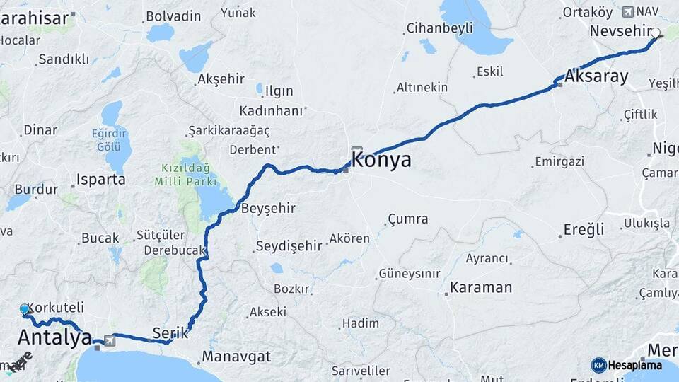Antalya Korkuteli Nevşehir Arası Kaç Km - Yol Haritası