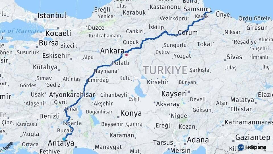 Antalya Korkuteli Samsun Arası Kaç Km - Yol Haritası