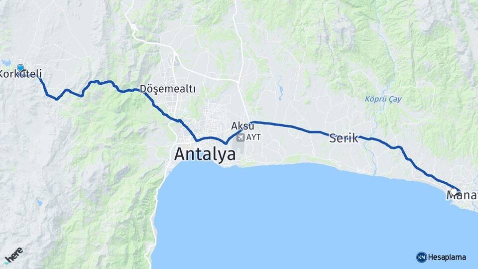Antalya Korkuteli Side Manavgat Arası Kaç Km - Yol Haritası