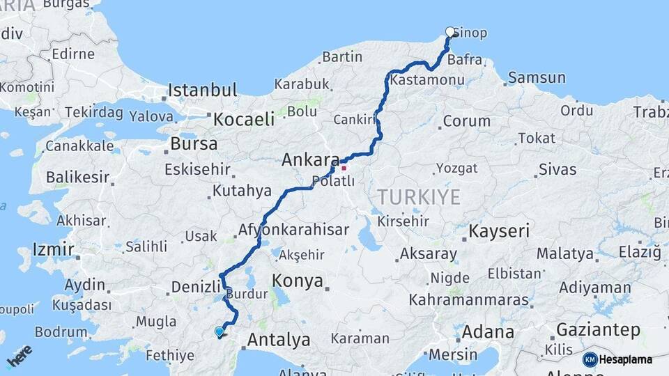 Antalya Korkuteli Sinop Arası Kaç Km - Yol Haritası