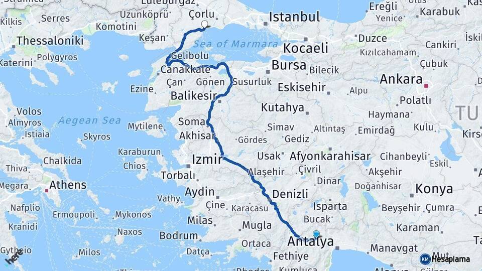 Antalya Korkuteli Tekirdağ Arası Kaç Km - Yol Haritası