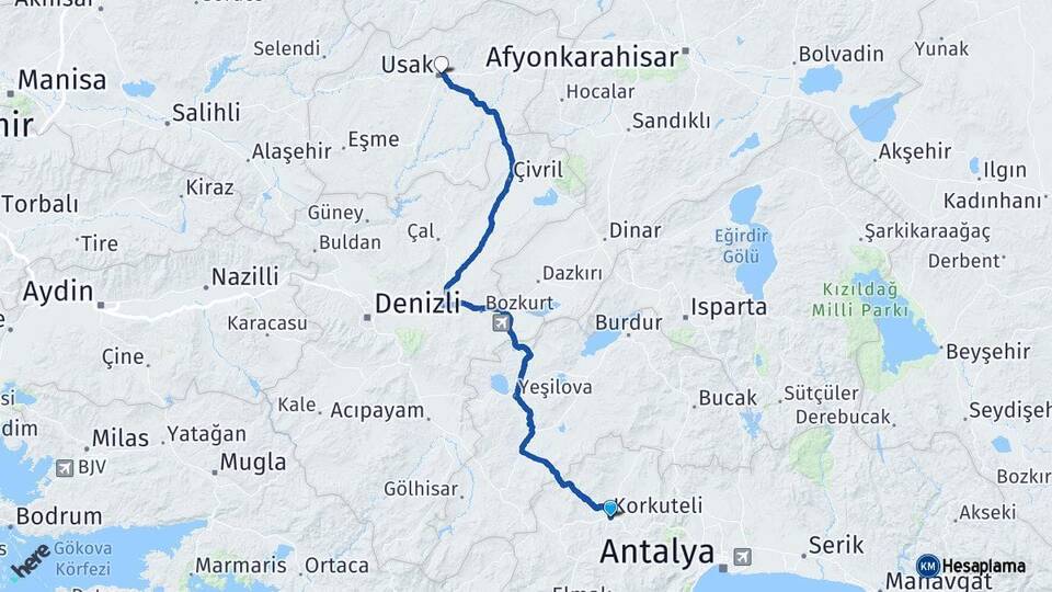 Antalya Korkuteli Uşak Arası Kaç Km - Yol Haritası