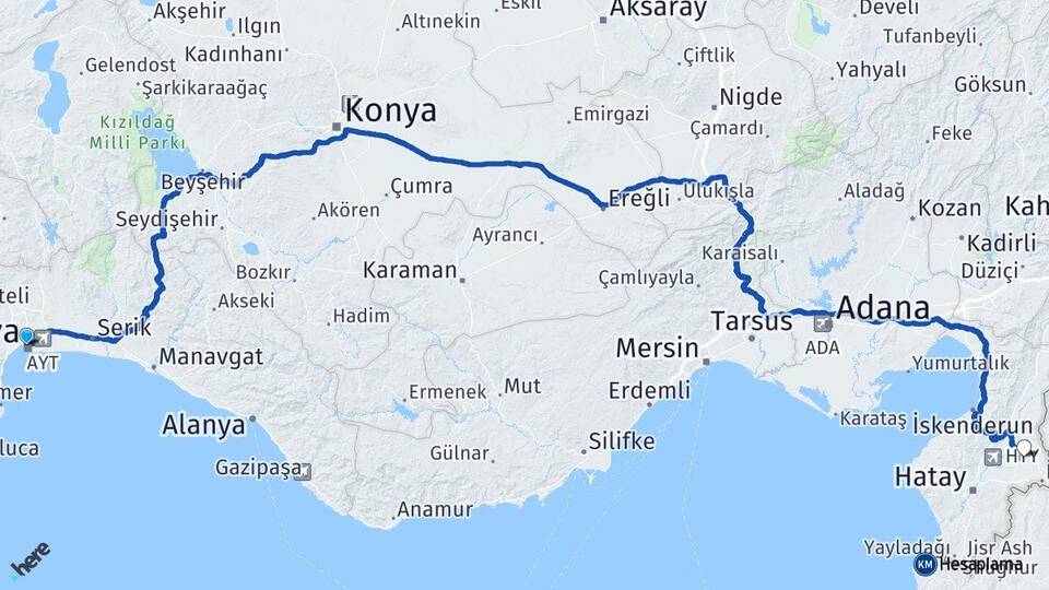 Antalya Kumlu Hatay Arası Kaç Km - Yol Haritası