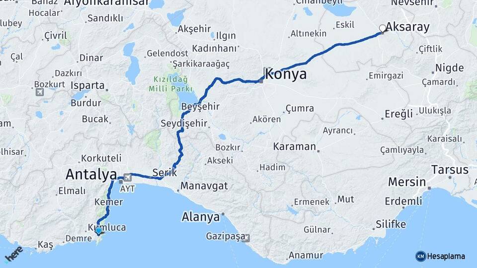 Antalya Kumluca Adrasan Aksaray Arası Kaç Km - Yol Haritası