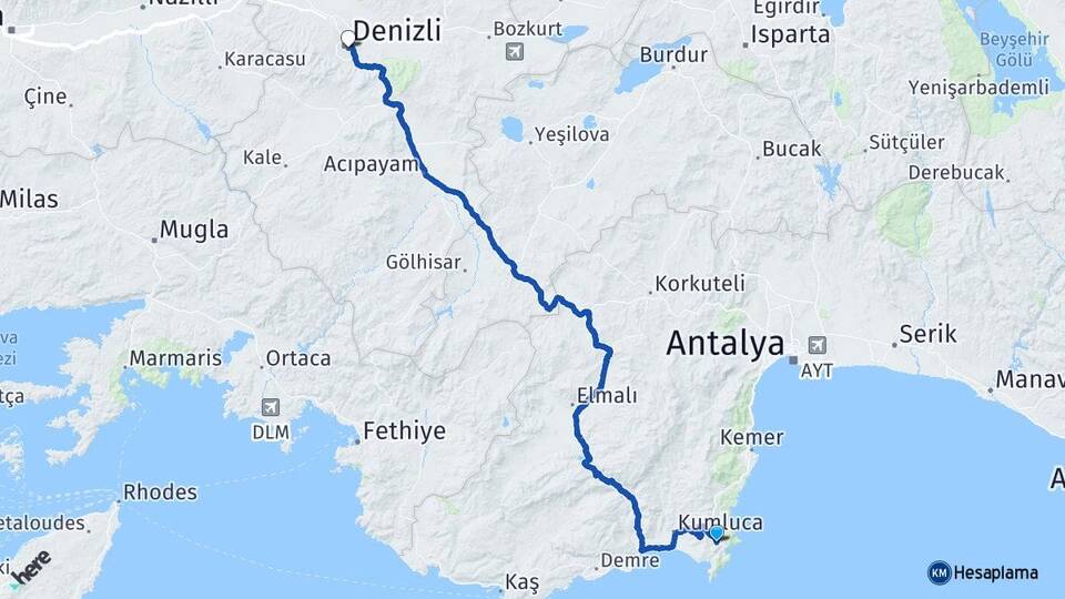 Antalya Kumluca Adrasan Denizli Arası Kaç Km - Yol Haritası