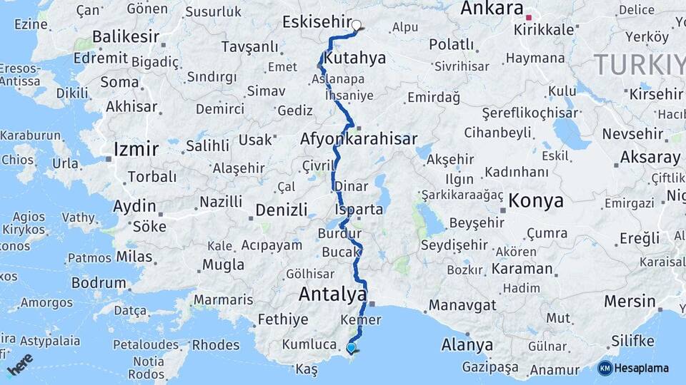 Antalya Kumluca Adrasan Eskişehir Arası Kaç Km - Yol Haritası