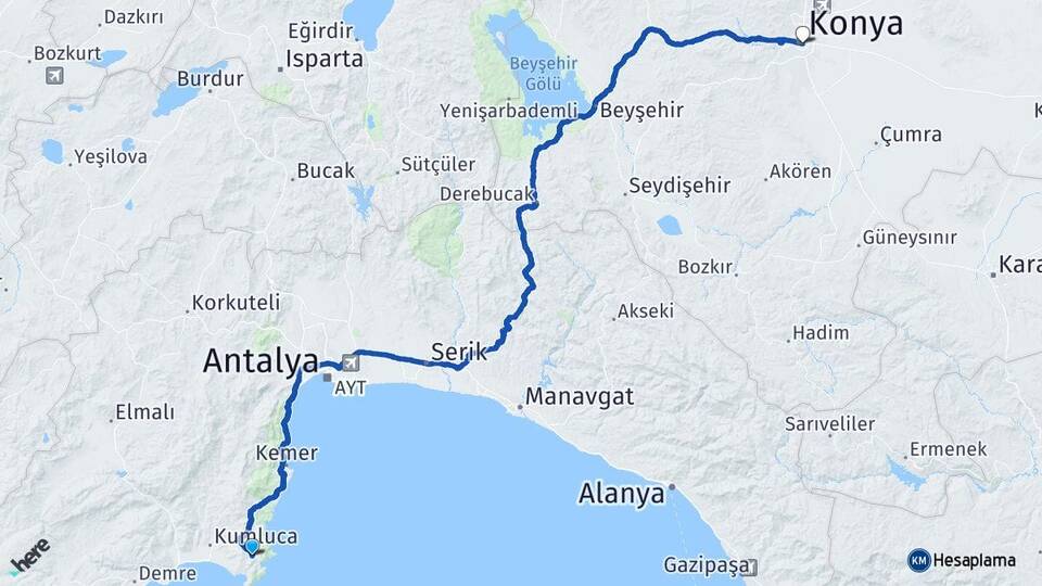 Antalya Kumluca Adrasan Konya Arası Kaç Km - Yol Haritası