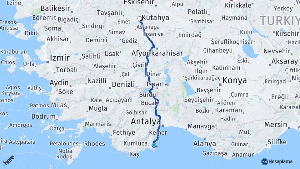 Antalya Kumluca Adrasan Kütahya Arası Kaç Km - Yol Haritası