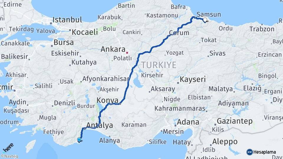 Antalya Kumluca Adrasan Salıpazarı Samsun Arası Kaç Km - Yol Haritası