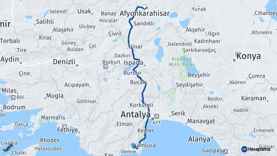Antalya Kumluca Afyonkarahisar Arası Kaç Km - Yol Haritası