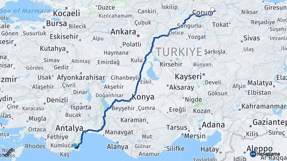 Antalya Kumluca Amasya Arası Kaç Km - Yol Haritası