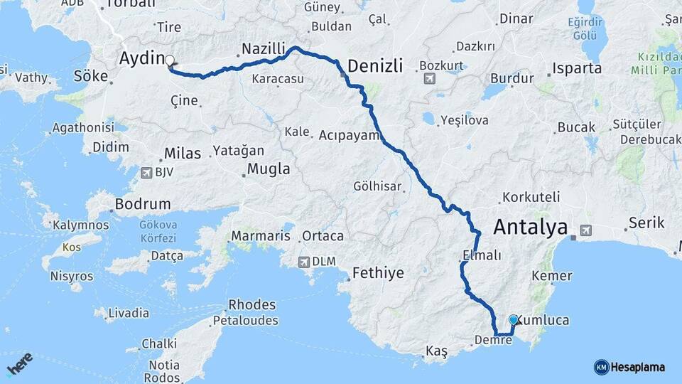 Antalya Kumluca Aydın Arası Kaç Km - Yol Haritası