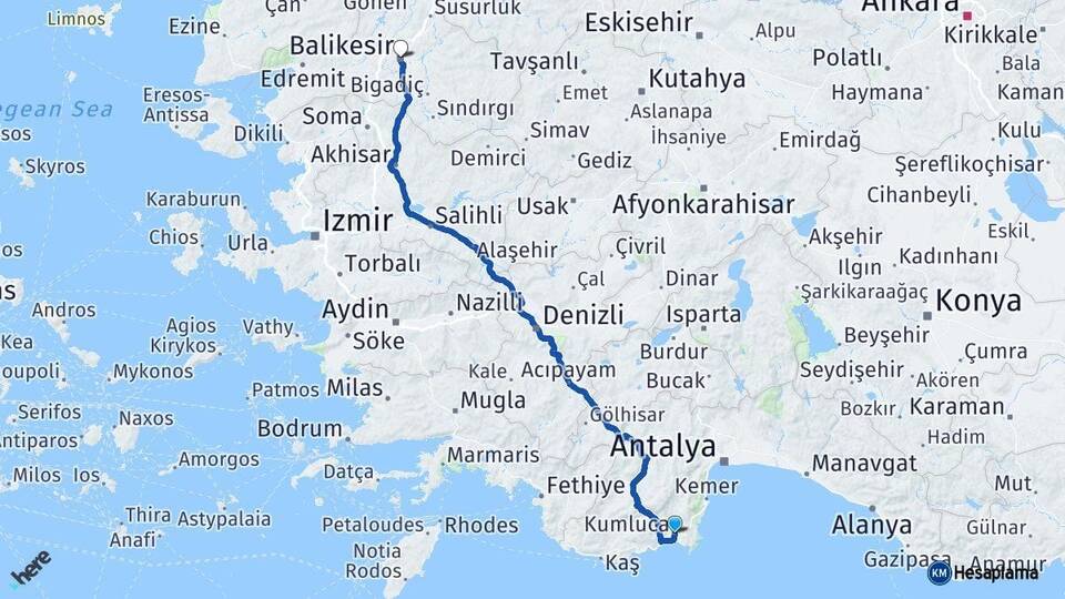 Antalya Kumluca Balıkesir Arası Kaç Km - Yol Haritası