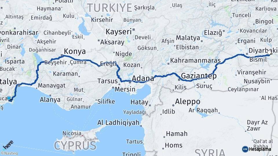 Antalya Kumluca Batman Arası Kaç Km - Yol Haritası