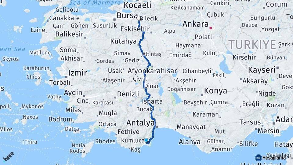 Antalya Kumluca Bilecik Arası Kaç Km - Yol Haritası