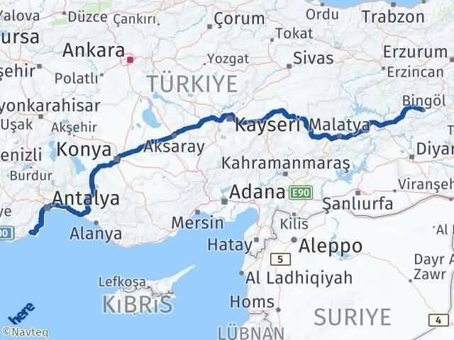 Antalya Kumluca Bingöl Arası Kaç Km - Yol Haritası