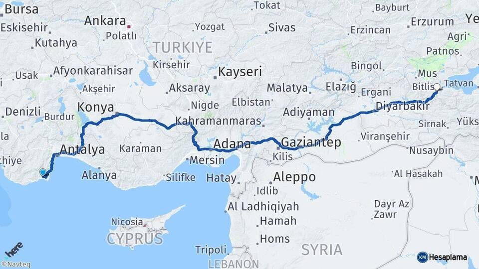 Antalya Kumluca Bitlis Arası Kaç Km - Yol Haritası