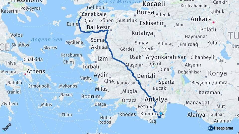 Antalya Kumluca Çanakkale Arası Kaç Km - Yol Haritası