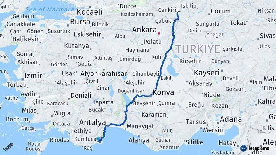 Antalya Kumluca Çankırı Arası Kaç Km - Yol Haritası