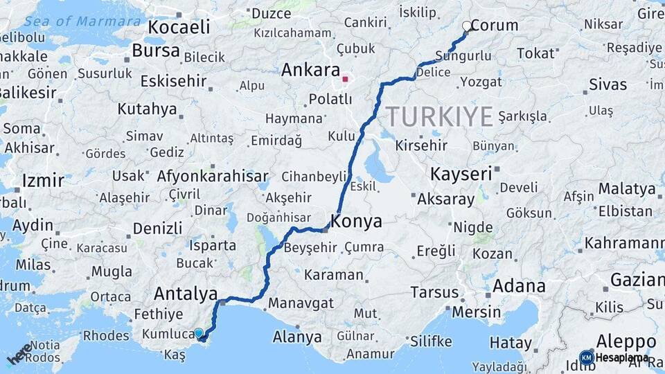 Antalya Kumluca Çorum Arası Kaç Km - Yol Haritası