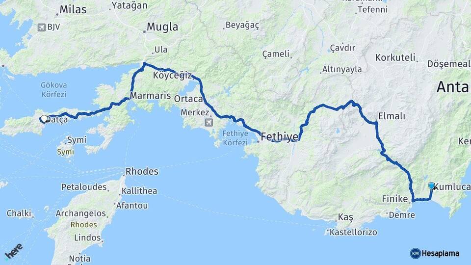 Antalya Kumluca Datça Muğla Arası Kaç Km - Yol Haritası