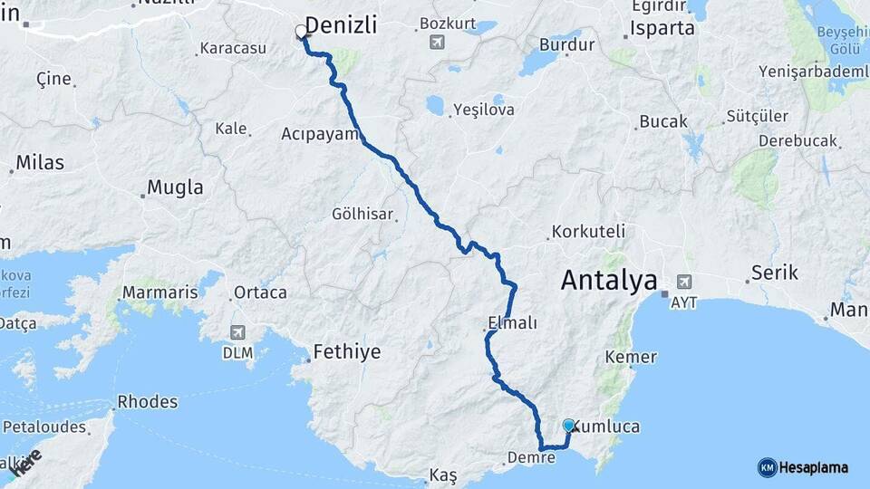 Antalya Kumluca Denizli Arası Kaç Km - Yol Haritası
