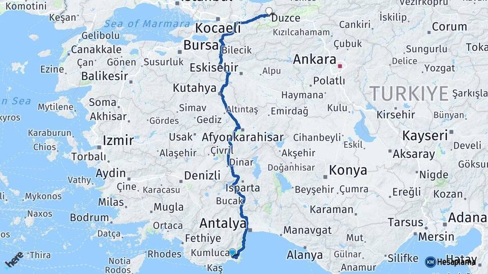 Antalya Kumluca Düzce Arası Kaç Km - Yol Haritası