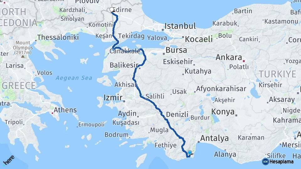 Antalya Kumluca Edirne Arası Kaç Km - Yol Haritası