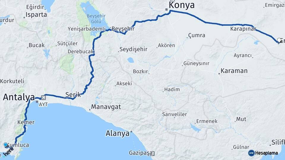 Antalya Kumluca Ereğli Konya Arası Kaç Km - Yol Haritası