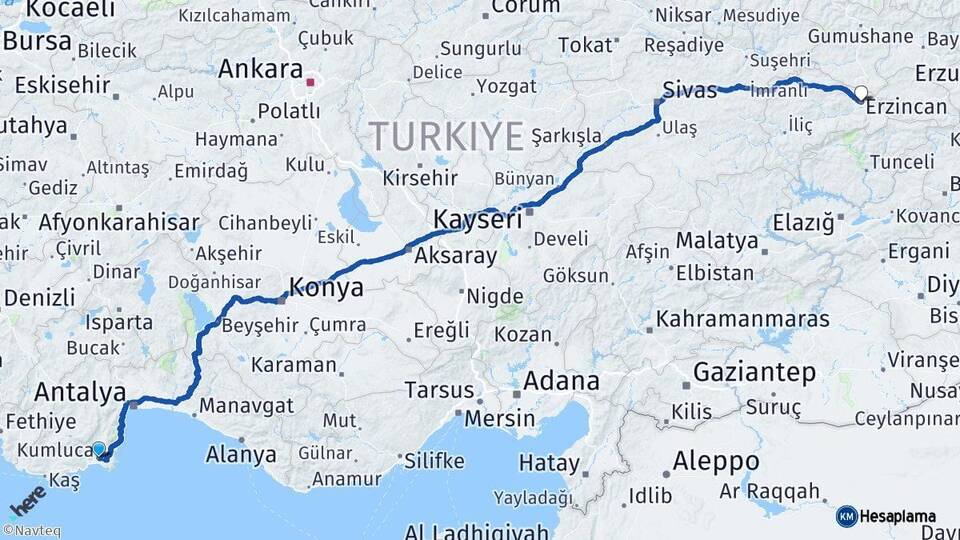 Antalya Kumluca Erzincan Arası Kaç Km - Yol Haritası