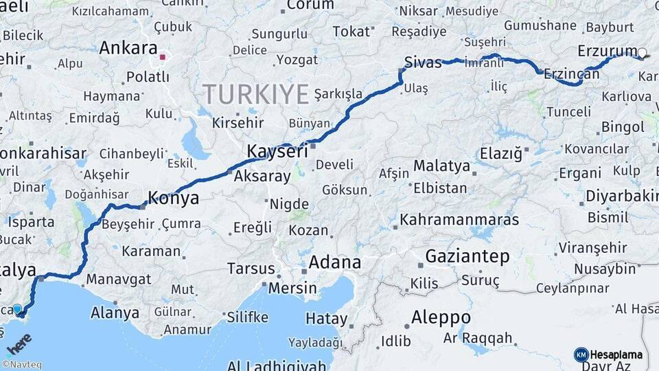Antalya Kumluca Erzurum Arası Kaç Km - Yol Haritası