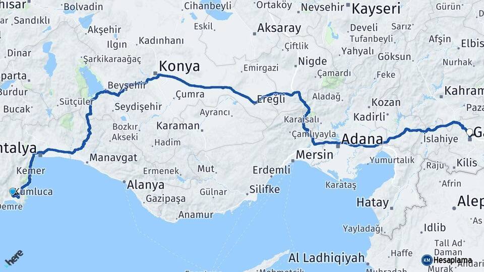 Antalya Kumluca Gaziantep Arası Kaç Km - Yol Haritası