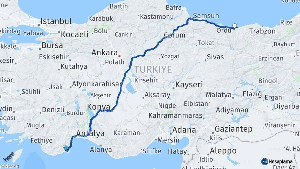 Antalya Kumluca Giresun Arası Kaç Km - Yol Haritası