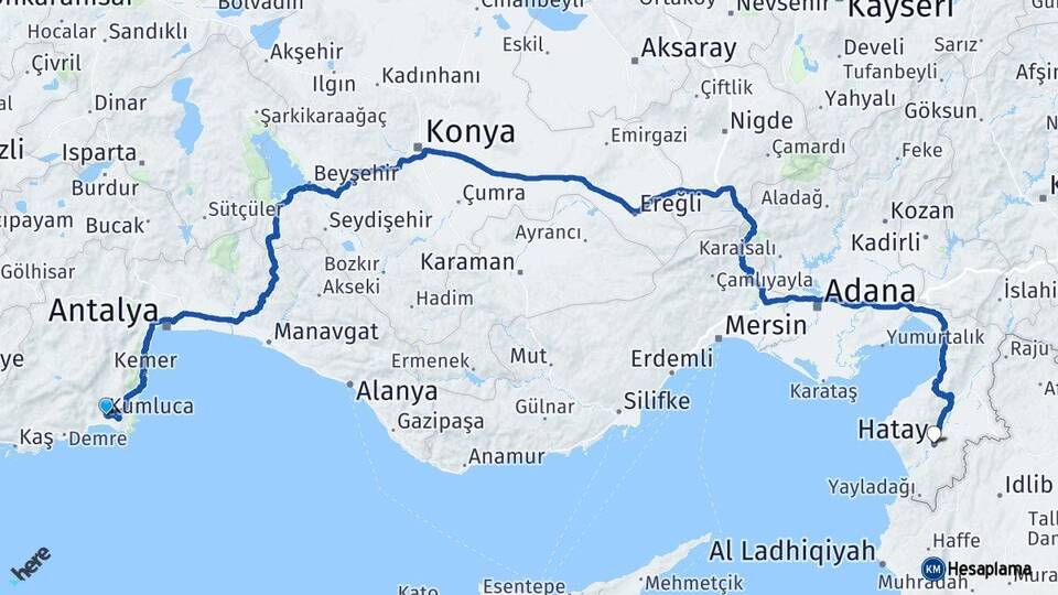 Antalya Kumluca Hatay Arası Kaç Km - Yol Haritası