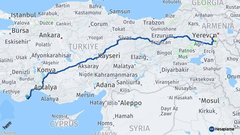 Antalya Kumluca Iğdır Arası Kaç Km - Yol Haritası