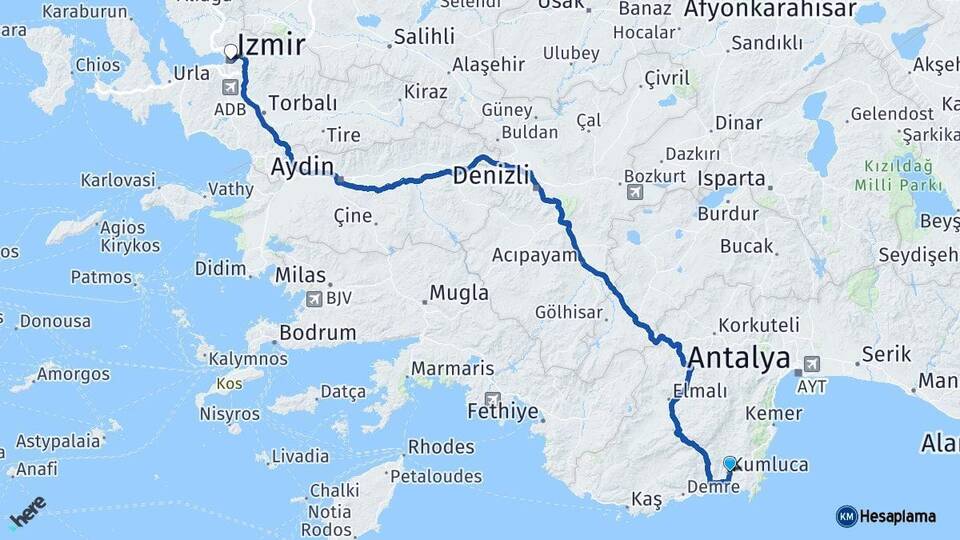 Antalya Kumluca İzmir Arası Kaç Km - Yol Haritası